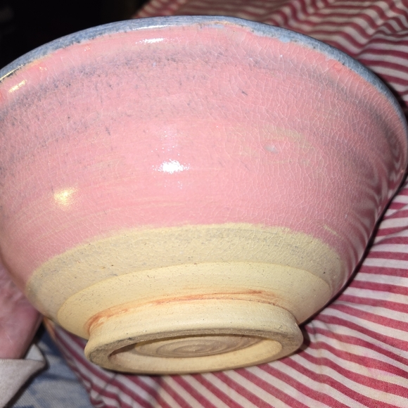Hand Thrown Studio Art Pottery Bowl in Pink, Blue, & Tan, 8" x 3.5" Tall - Picture 3 of 12